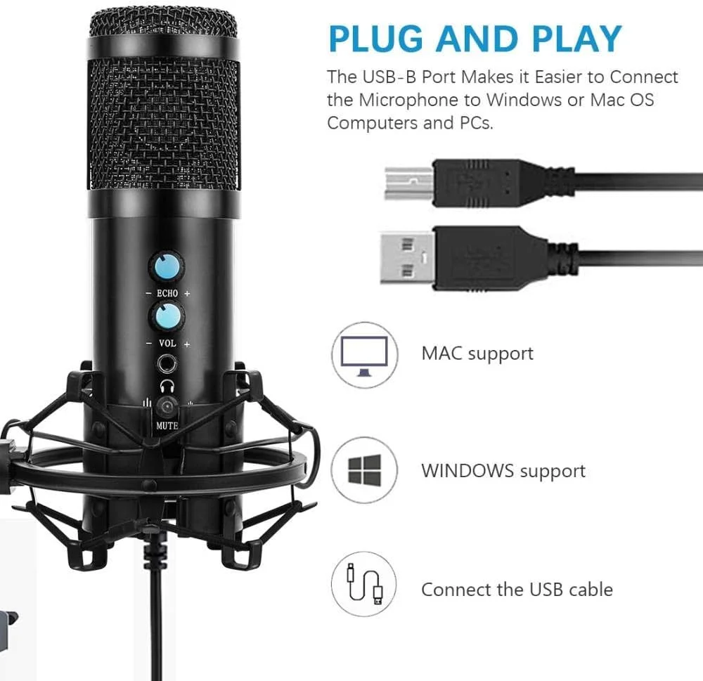 میکروفون USB کاندنسر، میکروفون ضبط حرفه ای کارائوکه 3.5 میلی متری برای لپ تاپ به همراه پایه