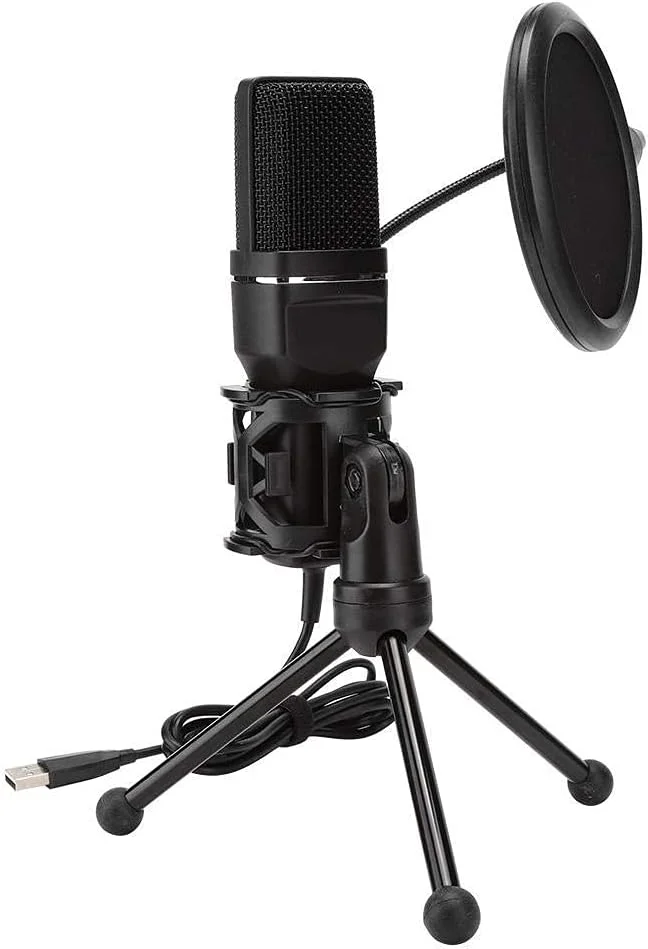 میکروفون USB، میکروفون کندانسور قابل تنظیم 360 درجه با پایه سه پایه قابل اتصال به کامپیوتر، توری دو لایه برای ضبط موسیقی، آواز، جلسه و غیره.