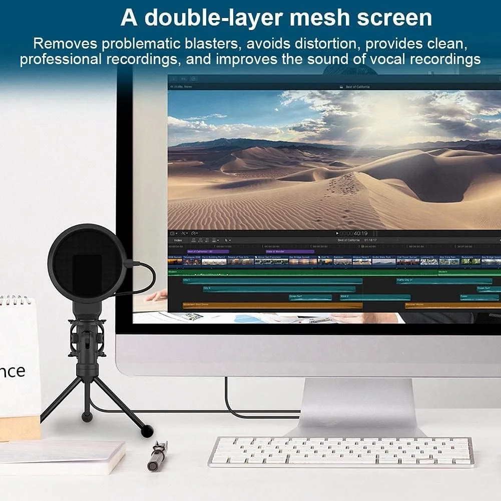 میکروفون USB، میکروفون کندانسور قابل تنظیم 360 درجه با پایه سه پایه قابل اتصال به کامپیوتر، توری دو لایه برای ضبط موسیقی، آواز، جلسه و غیره.