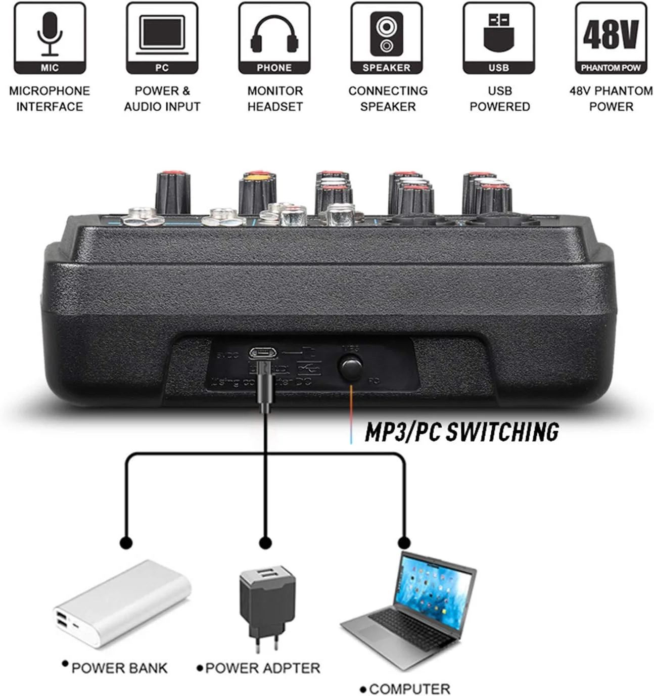 میکسر صدا DJ با رابط کنترلر و درگاه USB برای ضبط کامپیوتر، میکسر صوتی استودیویی 4/6 کاناله حرفه ای و مبتدی، 6 کانال