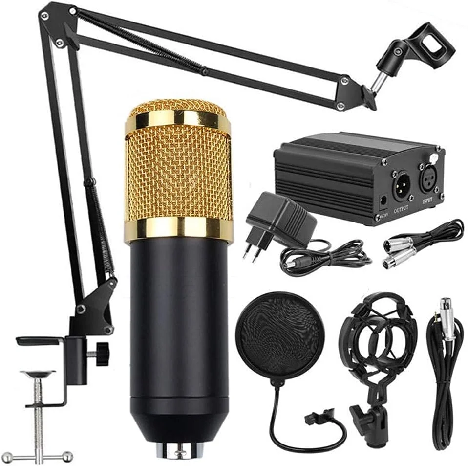 میکروفون کاندنسر با کابل USB، کیت میکروفون ضبط صدا برای کامپیوتر، میکروفون های PC با منبع تغذیه فانتوم 48 ولت، پایه بازویی قیچی با لرزه گیر