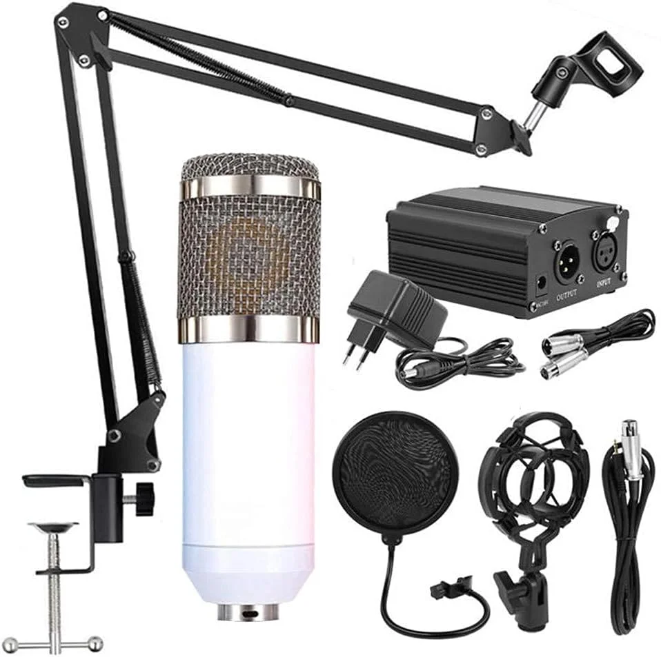 میکروفون کاندنسر با کابل USB، کیت میکروفون ضبط صدا برای کامپیوتر، میکروفون های PC با منبع تغذیه فانتوم 48 ولت، پایه بازویی قیچی با لرزه گیر