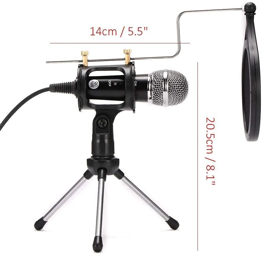 کیت میکروفون کاندنسر استودیویی PC، میکروفون قابل تنظیم با فیلتر دولایه، پایه سه پایه تاشو قابل حمل، میکروفون پایه کوچک برای ضبط صدا