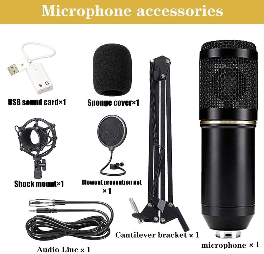 کیت میکروفون کاندنسر BM-800، میکروفون گیمینگ، میکروفون پادکست PC به 3.5 میلی‌متر با بازوی قیچی تعلیق قابل تنظیم، لرزه‌گیر، برای ضبط استودیویی و پخش