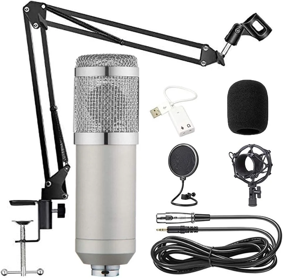 کیت میکروفون کاندنسر BM-800، میکروفون گیمینگ، میکروفون پادکست PC به 3.5 میلی‌متر با بازوی قیچی تعلیق قابل تنظیم، لرزه‌گیر، برای ضبط استودیویی و پخش