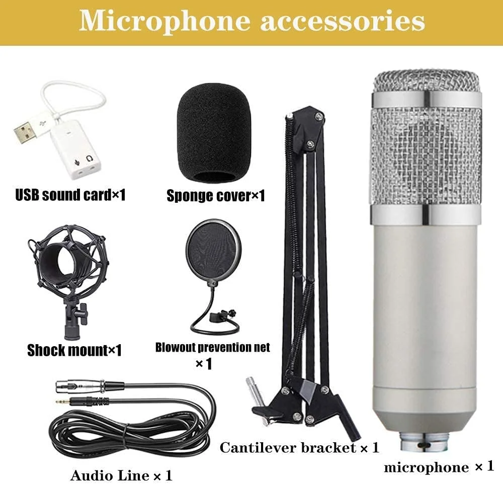 کیت میکروفون کاندنسر BM-800، میکروفون گیمینگ، میکروفون پادکست PC به 3.5 میلی‌متر با بازوی قیچی تعلیق قابل تنظیم، لرزه‌گیر، برای ضبط استودیویی و پخش