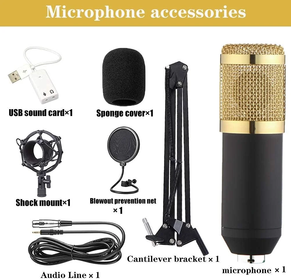 کیت میکروفون کاندنسر BM-800، میکروفون گیمینگ، میکروفون پادکست PC به 3.5 میلی‌متر با بازوی قیچی تعلیق قابل تنظیم، لرزه‌گیر، برای ضبط استودیویی و پخش