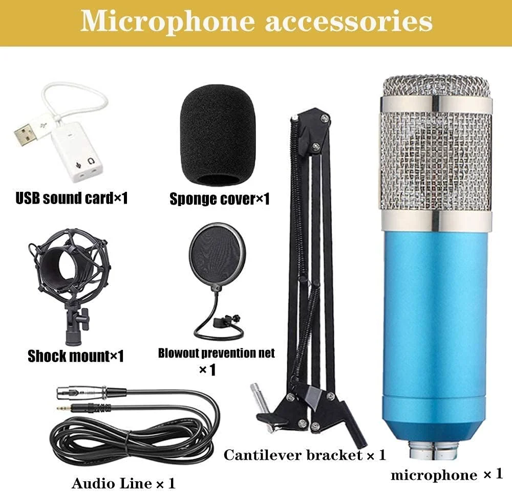 کیت میکروفون کاندنسر BM-800، میکروفون گیمینگ، میکروفون پادکست PC به 3.5 میلی‌متر با بازوی قیچی تعلیق قابل تنظیم، لرزه‌گیر، برای ضبط استودیویی و پخش