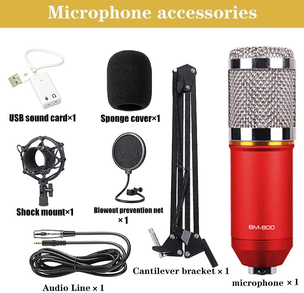 کیت میکروفون کاندنسر BM-800 مناسب گیمینگ، میکروفون پادکست PC به 3.5mm با بازوی قیچی تعلیق قابل تنظیم، لرزه گیر، برای ضبط استودیویی و پخش