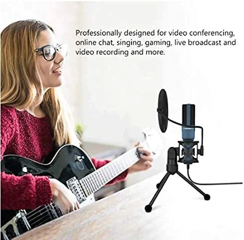 میکروفون رومیزی USB کامپیوتر، میکروفون کاندنسر با سه پایه تاشو و فیلتر صدا برای ضبط ویدیو در رایانه شخصی