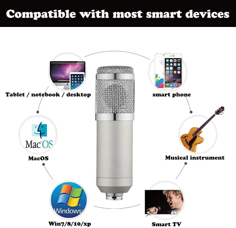 کیت میکروفون کاندنسر BM-800، میکروفون گیمینگ، میکروفون پادکست PC به 3.5 میلی‌متری با میکروفون قابل تنظیم، لرزه‌گیر، برای ضبط استودیویی و پخش