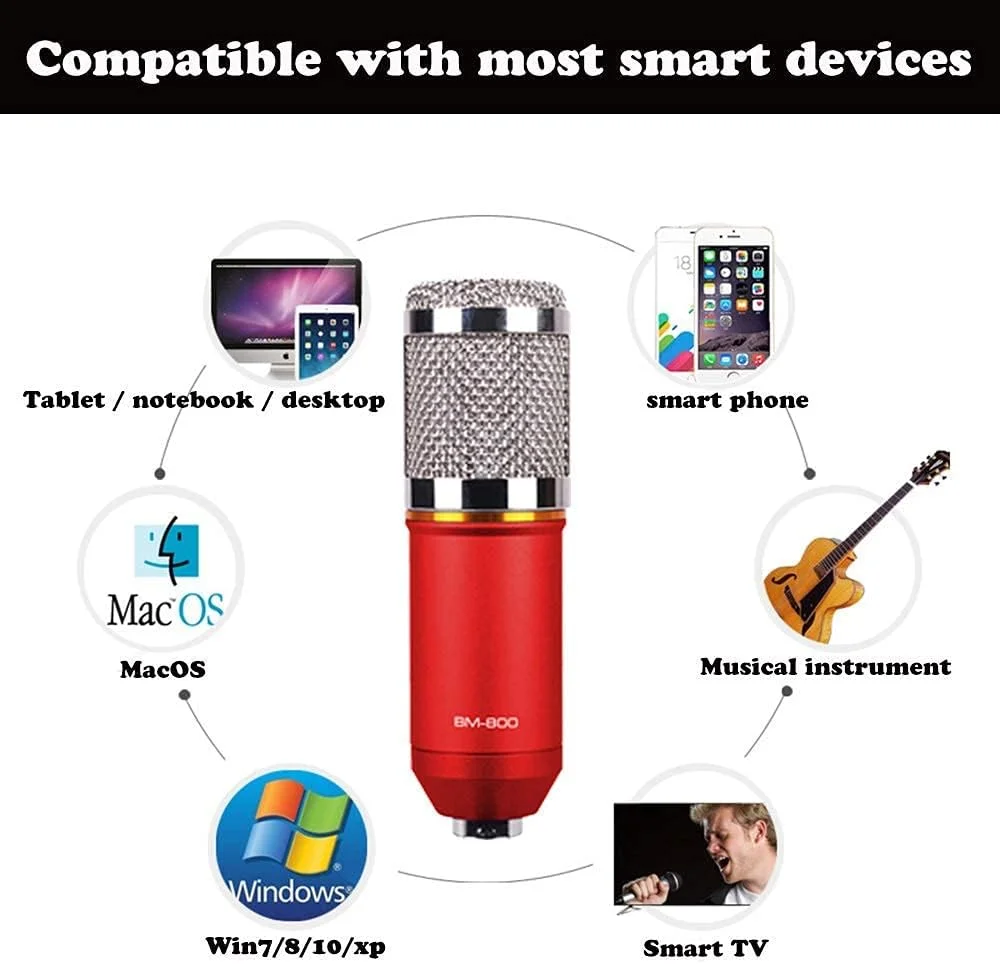 کیت میکروفون کاندنسر BM-800، میکروفون گیمینگ، میکروفون پادکست PC به 3.5 میلی‌متر با میکروفون قابل تنظیم، لرزه‌گیر، برای ضبط استودیویی و پخش