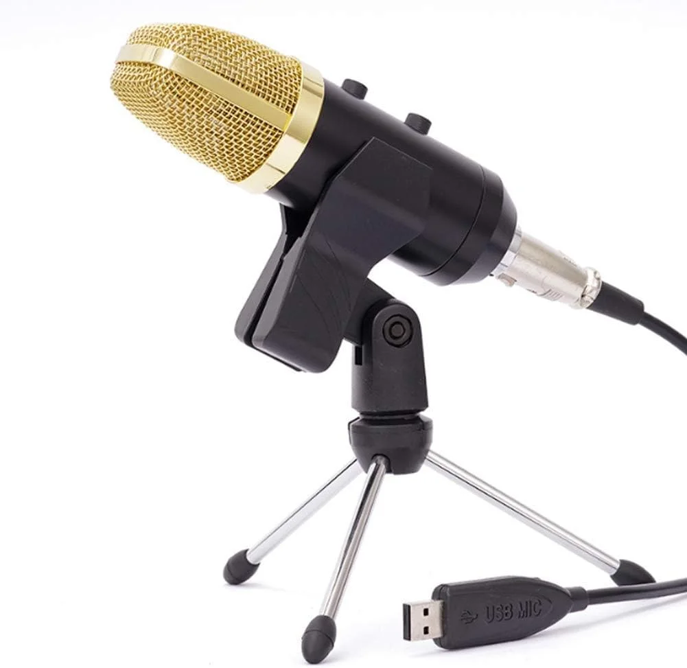 میکروفون خازنی USB برای کامپیوتر، مناسب برای آواز خواندن و ضبط صدا به همراه پایه میکروفون - رنگ نقره ای