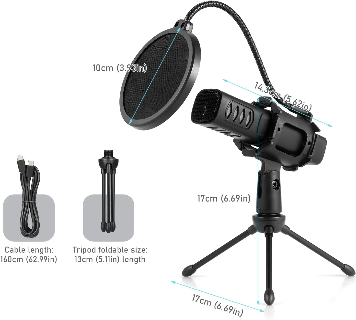 میکروفون USB کاردیوئید کاندنسر با پایه سه پایه، پاپ فیلتر و لرزه گیر، مناسب برای بازی، استریم و پادکست، سازگار با کامپیوتر، لپ تاپ و گوشی هوشمند