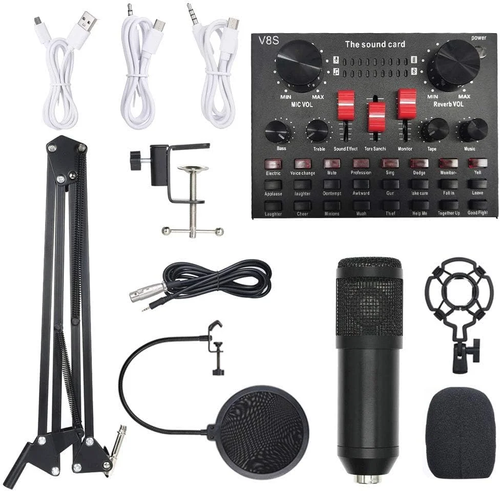 کیت میکروفون استریمینگ حرفه ای با کارت صدای V8S، بازوی بوم، پاپ فیلتر، لرزه گیر، کابل، مشکی