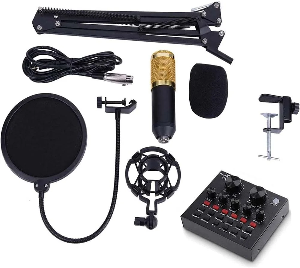 مجموعه میکروفون کاندنسر USB حرفه ای با کارت صدا و پایه بازویی قابل تنظیم برای ضبط، استریم و پخش