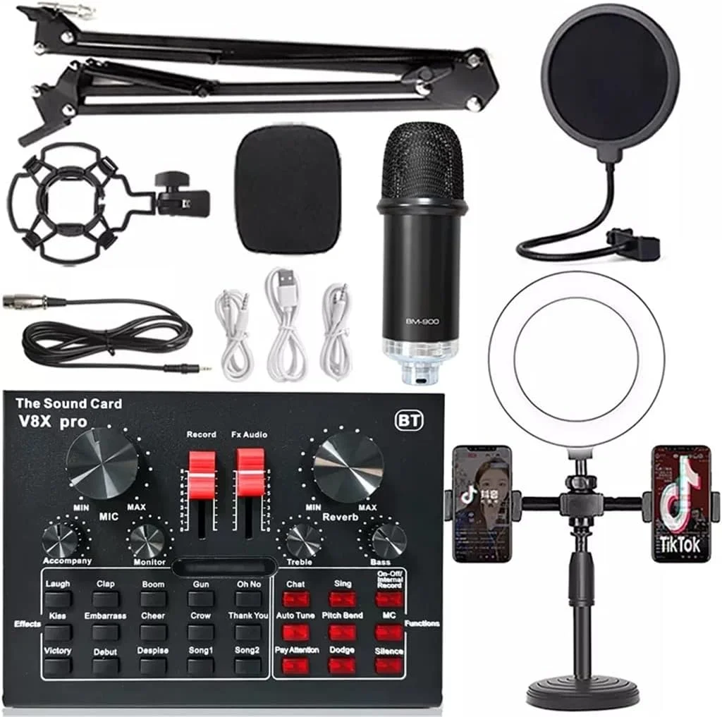 میکروفون کاندنسر استودیویی حرفه ای BM900 با نور حلقه ای، میکروفون بی سیم، سه پایه، کارت صدا، مناسب برای کامپیوتر و تلفن همراه (رنگ: F، اندازه: BM900)