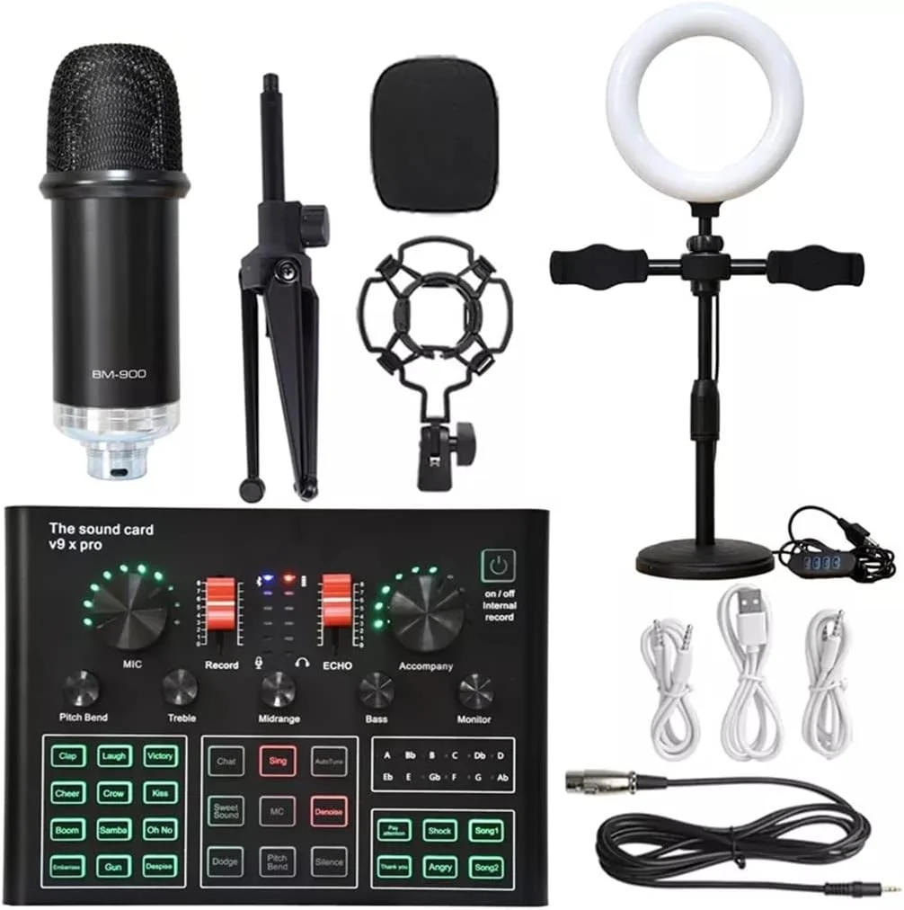 کیت میکروفون استودیویی حرفه ای BM900 با کارت صدای زنده بلوتوث بی سیم، LED مشکی - BM900