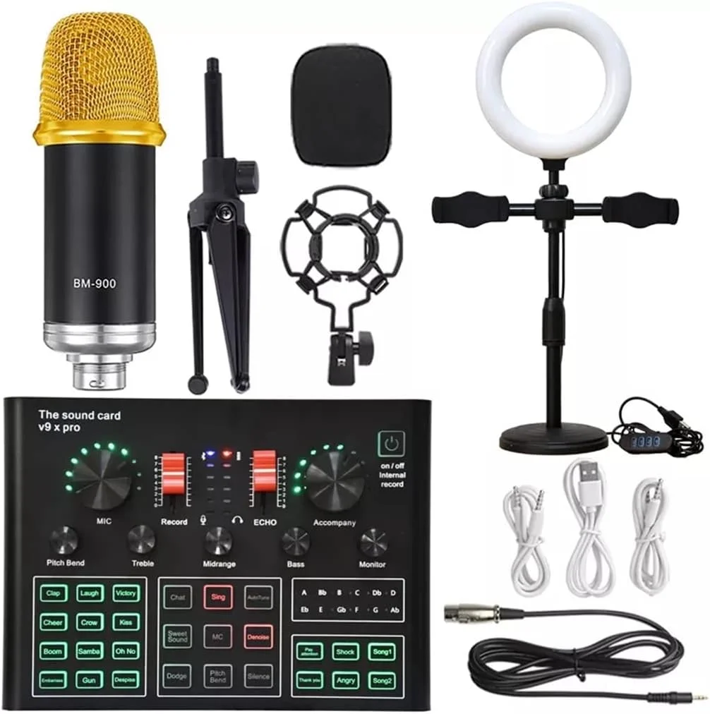 کیت میکروفون کاندنسر استودیویی حرفه ای BM900 به همراه کارت صدای زنده و بلوتوث بی سیم (رنگ: طلایی LED، سایز: BM900)