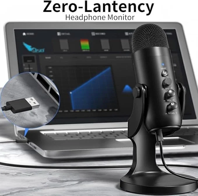 میکروفون کاندنسر USB حرفه ای برای پادکست، بازی، استریمینگ، ضبط رومیزی، مشکی