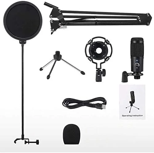 میکروفون کاندنسر USB حرفه ای همراه با پایه بازویی قیچی‌شکل قابل تنظیم و لرزه‌گیر