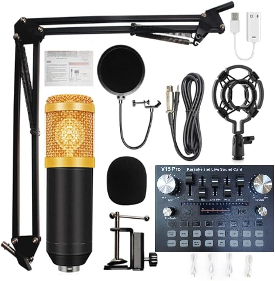 میکروفون کاندنسر حرفه ای با کارت صدای زنده - میکروفون استودیویی با رابط USB، پایه قابل تنظیم و فناوری حذف نویز