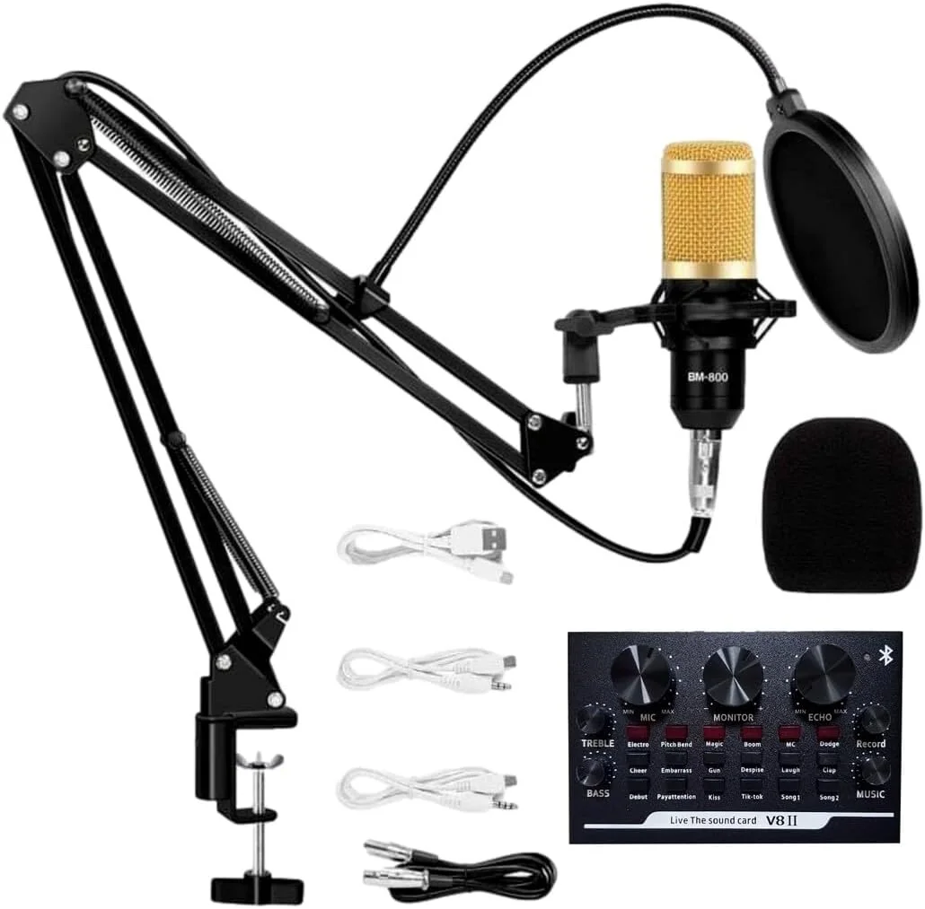 میکروفون کاندنسر حرفه ای با کارت صدای زنده - میکروفون استودیویی با رابط USB، پایه قابل تنظیم و فناوری حذف نویز