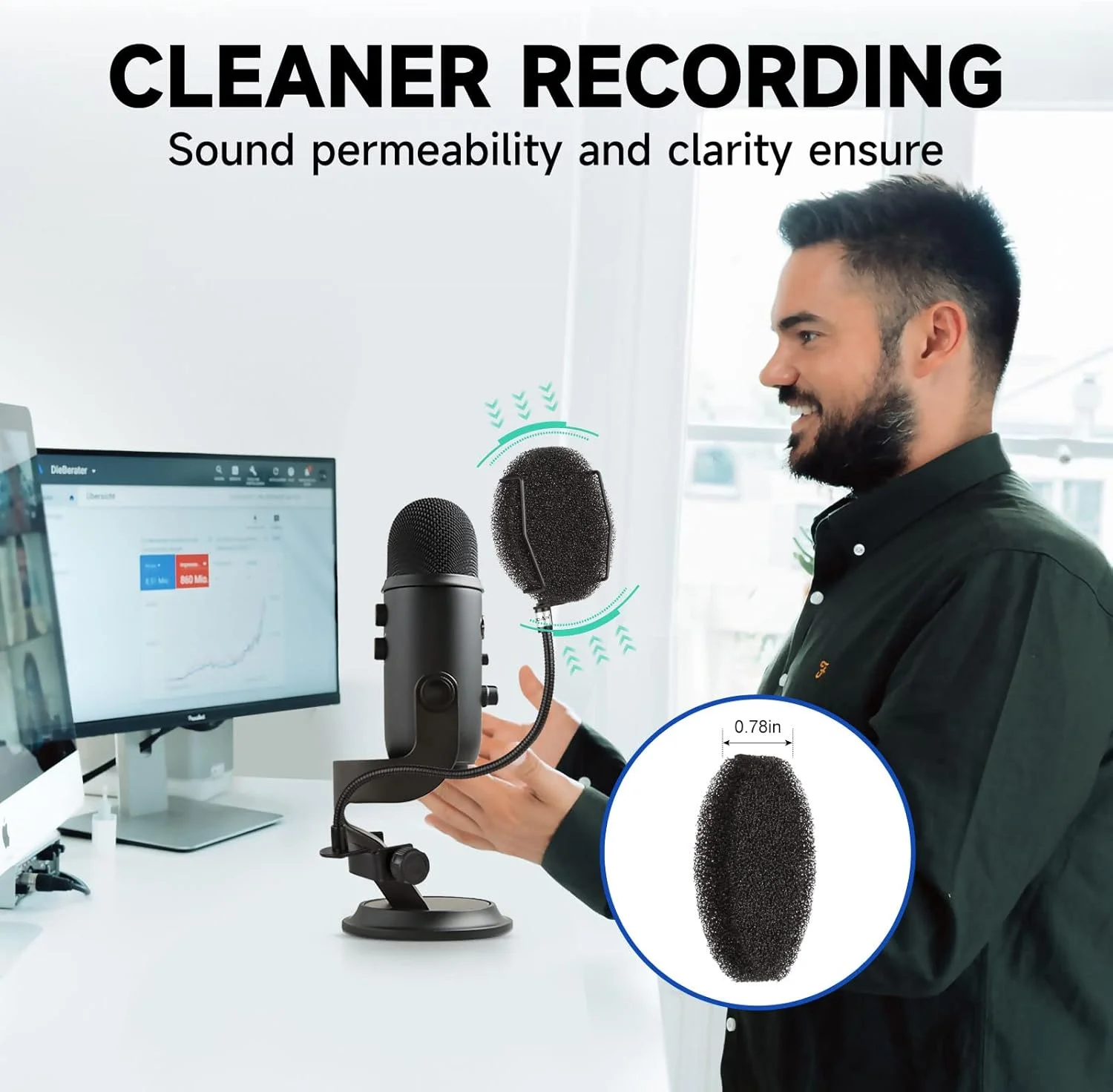 فیلتر پاپ حرفه ای میکروفون برای بلو یتی، اسنوبال، کوادکست، شور و سایر میکروفون ها، روکش میکروفون بادگیر با اسفنج ضخیم و گردن غازی انعطاف پذیر 360 درجه