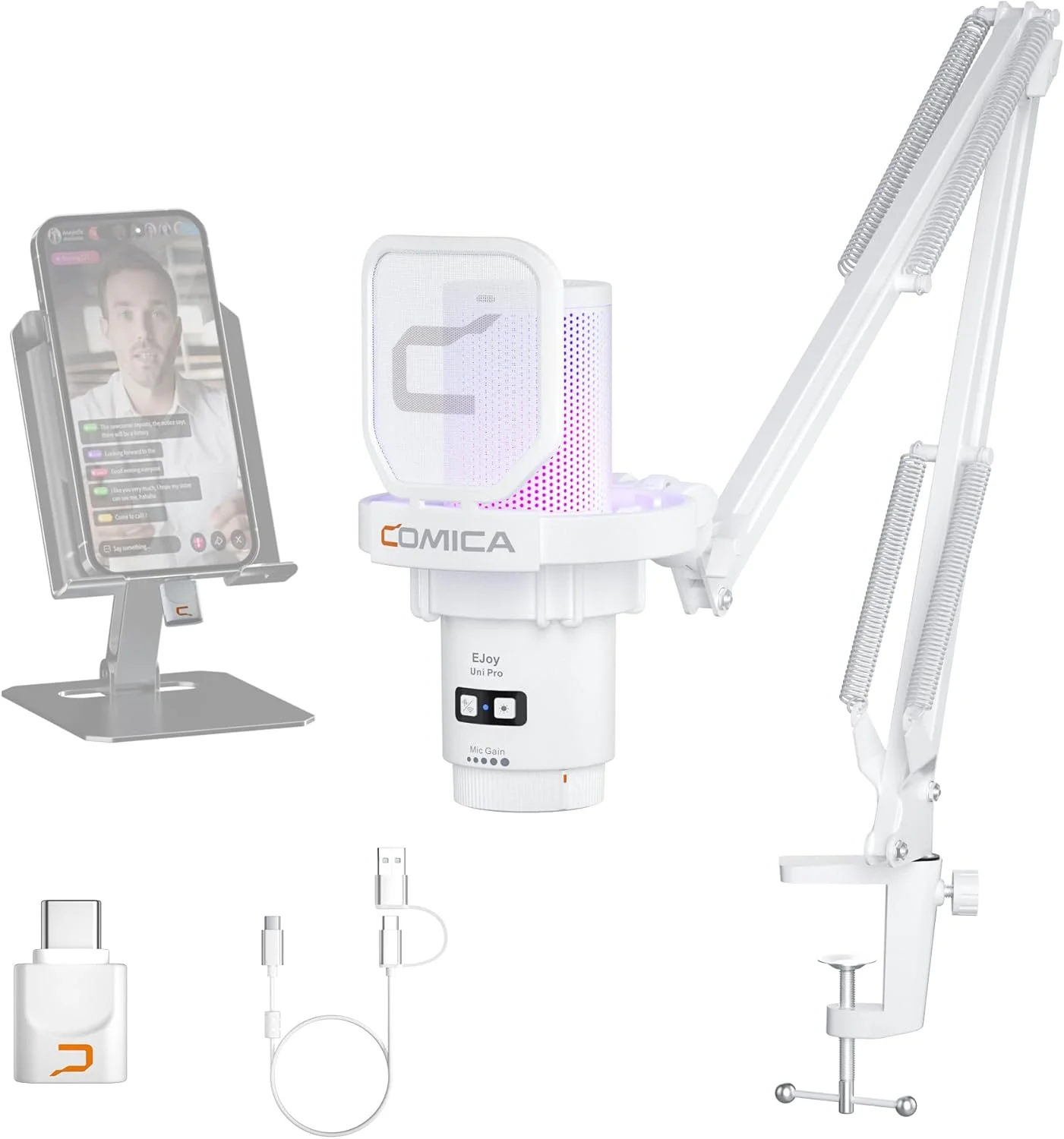 میکروفون گیمینگ USB بی سیم کمیکا EJoy Uni Pro برای کامپیوتر، میکروفون کاندنسر RGB برای استریمینگ/پادکست/یوتیوب/ضبط صدا، میکروفون حذف نویز برای کامپیوتر/مک/تلفن (بازوی بوم)