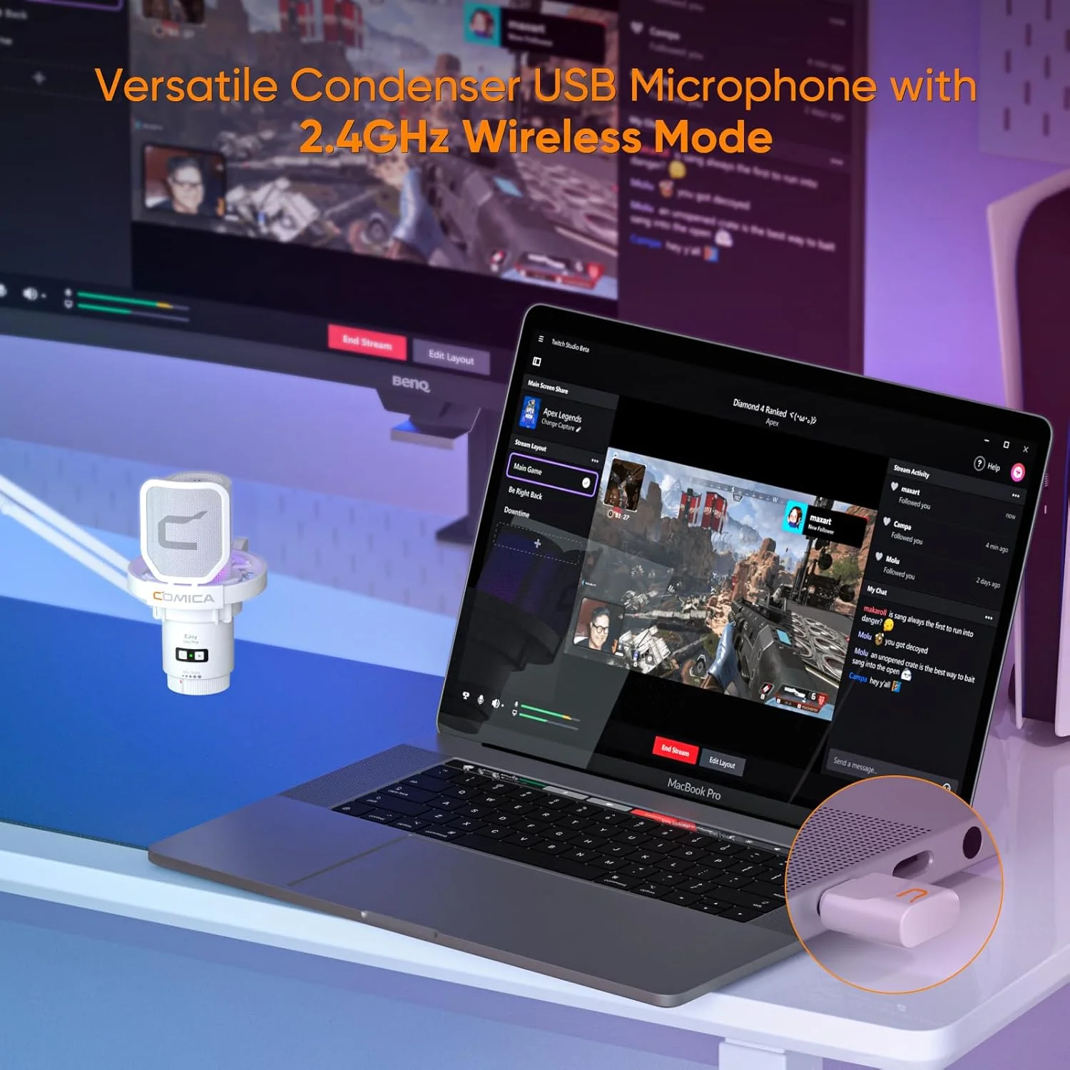 میکروفون گیمینگ USB بی سیم کمیکا EJoy Uni Pro برای کامپیوتر، میکروفون کاندنسر RGB برای استریمینگ/پادکست/یوتیوب/ضبط صدا، میکروفون حذف نویز برای کامپیوتر/مک/تلفن (بازوی بوم)