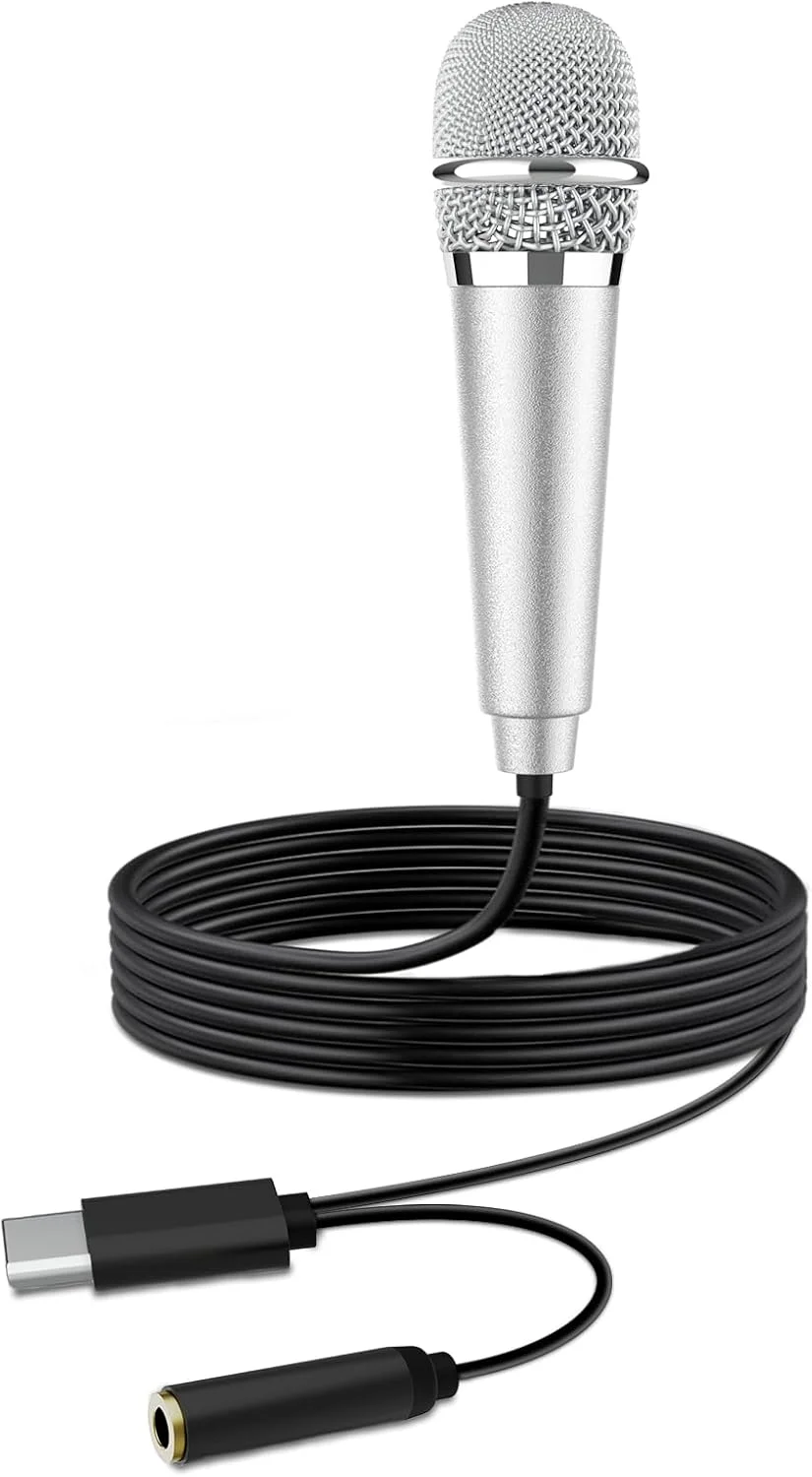 میکروفون کارائوکه کوچک USB C برای تلفن های اندرویدی، لپ تاپ، تبلت، میکروفون ASMR کوچک برای ضبط ویدیو، آواز خواندن، ولاگ، پادکست یوتیوب (1 عدد نقره ای)