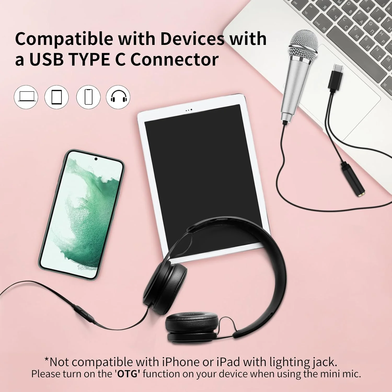 میکروفون کارائوکه کوچک USB C برای تلفن های اندرویدی، لپ تاپ، تبلت، میکروفون ASMR کوچک برای ضبط ویدیو، آواز خواندن، ولاگ، پادکست یوتیوب (1 عدد نقره ای)