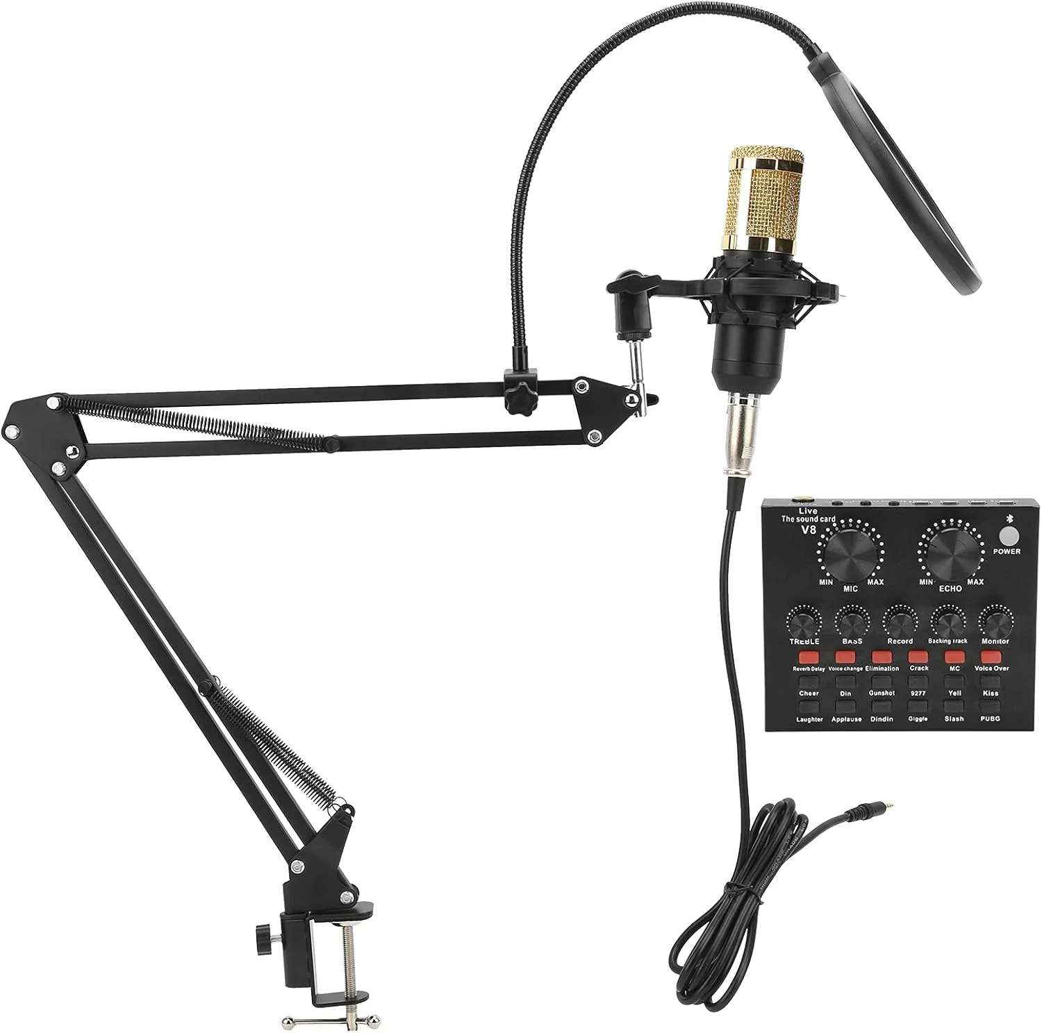 میکروفون کاندنسر، کیت میکروفون استیج صدای زنده با سه پایه قابل تنظیم و کارت صدای افکت برای ضبط