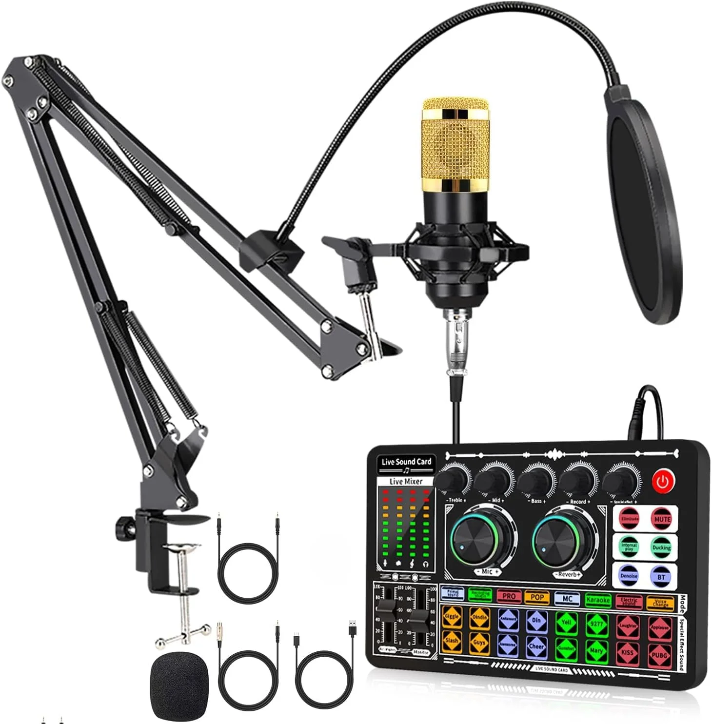 مجموعه تجهیزات پادکست F999 با میکروفون کاندنسر BM800 و تغییر صدا، کیت استودیوی ضبط همه کاره برای استریم، یوتیوب، تیک تاک - طلایی (سازگار با PC/Mobile/PS4)