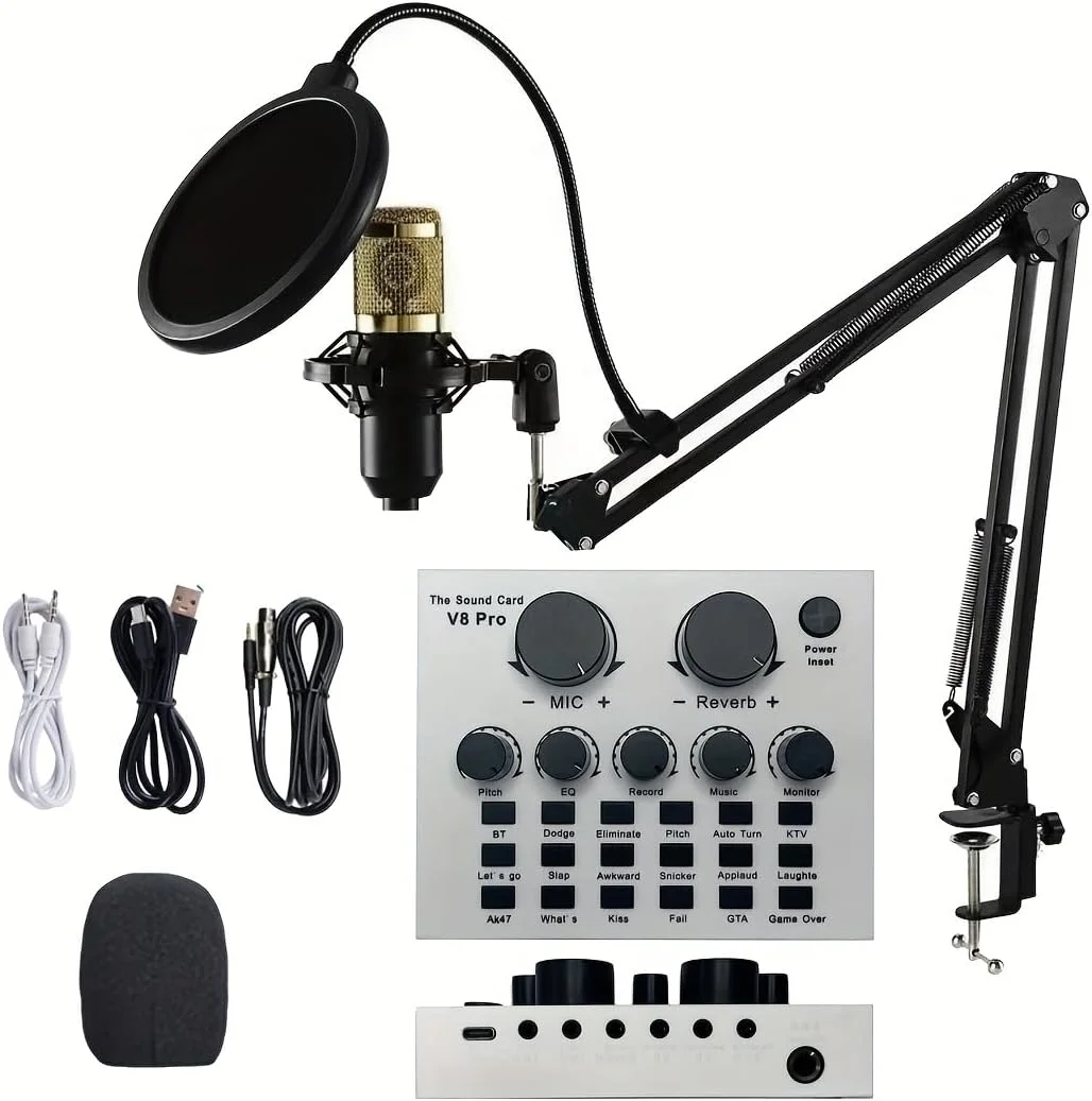 کیت تجهیزات پادکست، کیت استودیوی ضبط BM-800 با مبدل صدا، کارت صدای زنده - رابط صوتی برای لپ تاپ Vlog Live YouTube TikTok (AM100-V8) (سفید)