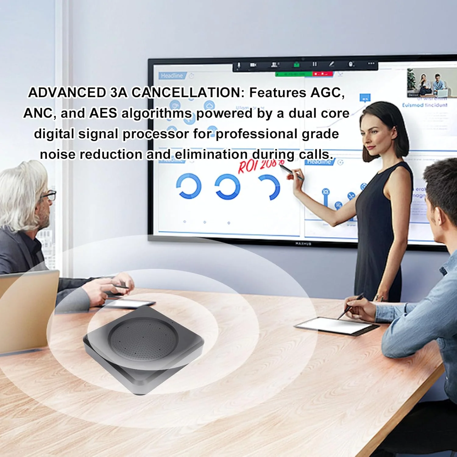 میکروفون کنفرانس 3.5 میلی‌متری، میکروفون کاندنسر اومنی‌دایرکشنال با قابلیت پشتیبانی از قطر برداشت صدا 10 متری، برداشت صدای 360 درجه، کاهش نویز، اسپیکرفون برای اتاق‌های جلسه