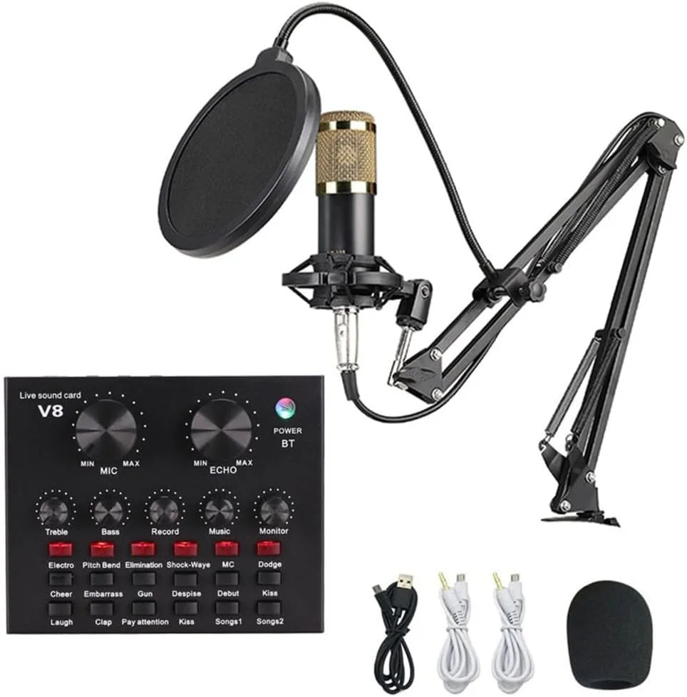 کارت صدای V8 به همراه میکروفون کاندنسر BM800 و میکسر صوتی حرفه ای قابل حمل (کارت صدای مونو V8)