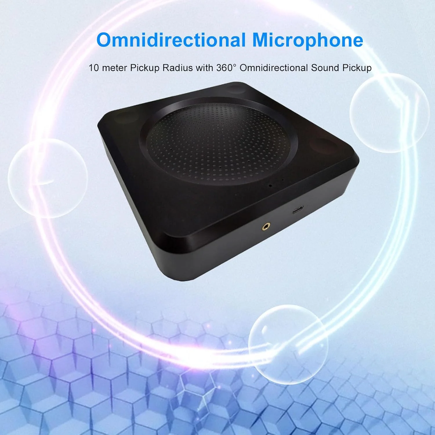 میکروفون کنفرانس 3.5 میلی‌متری، میکروفون کاندنسر اومنی‌دایرکشنال با قابلیت پشتیبانی از قطر برداشت صدا 10 متری، برداشت صدای 360 درجه، کاهش نویز، اسپیکرفون برای اتاق‌های جلسه