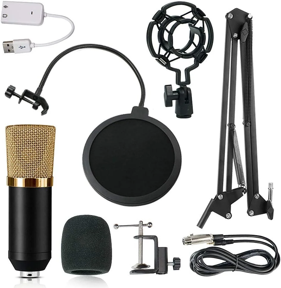 میکروفون کاندنسر حرفه ای Obery BM700 مناسب ضبط صدا، میکروفون استودیویی و خوانندگی کارائوکه - مشکی + طلایی