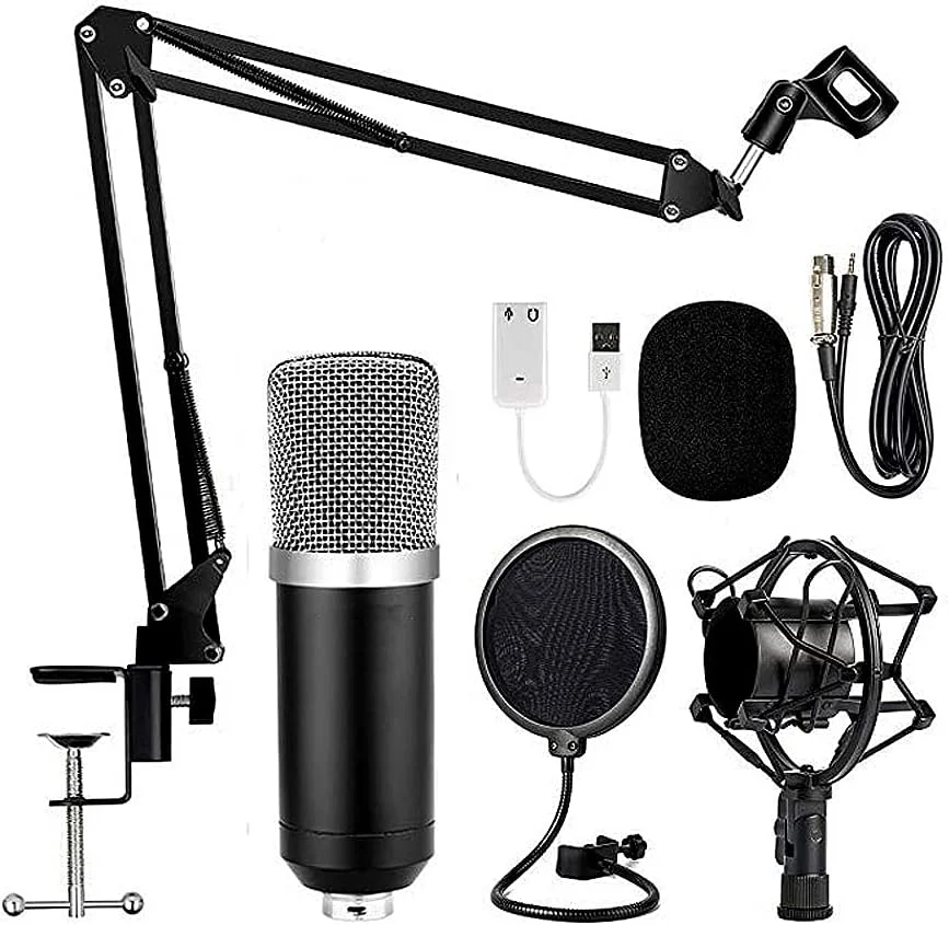 میکروفون کاندنسر حرفه ای Obery BM700 مناسب ضبط صدا، میکروفون استودیویی و خوانندگی کارائوکه - مشکی + نقره ای