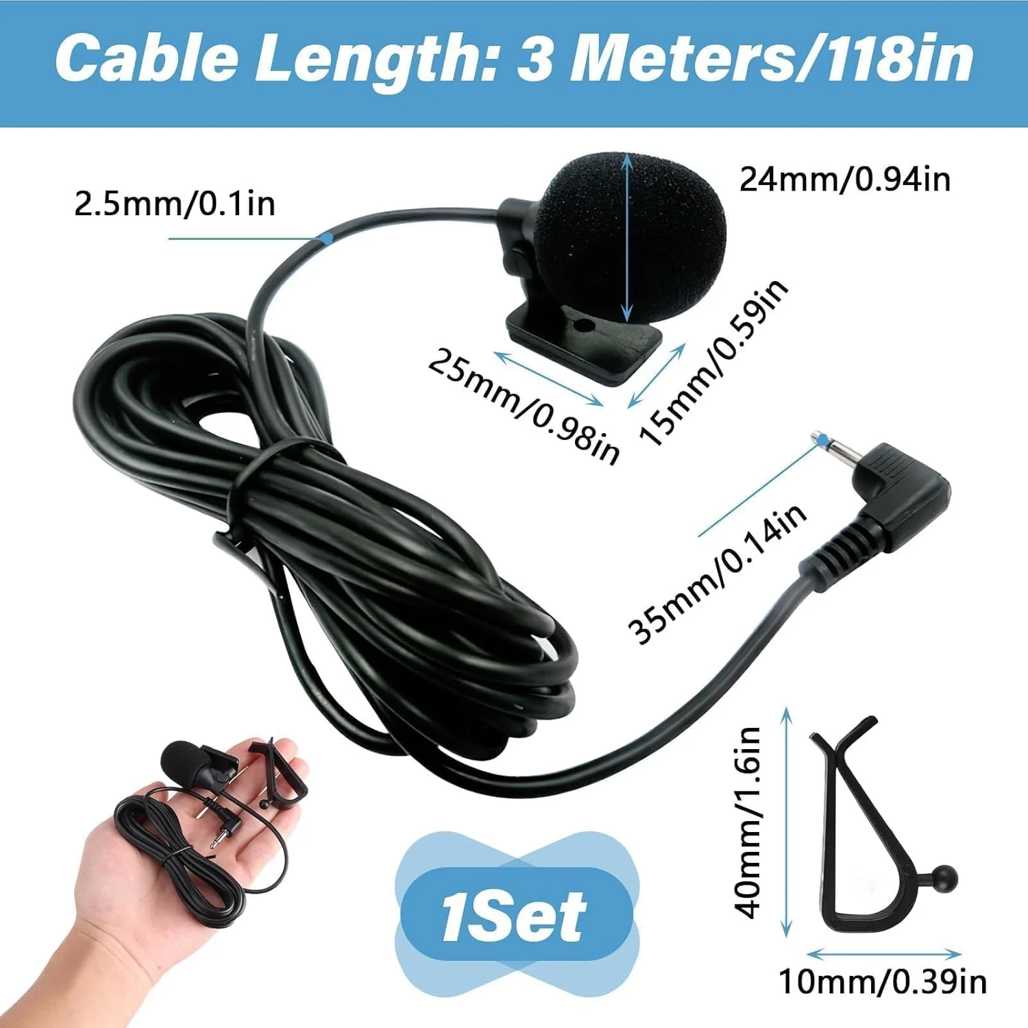 میکروفون خارجی خودرو 3.5 میلی‌متری، میکروفون با گیره، پوشش استیکر، کابل، اتصال آسان، خازنی، حذف نویز، سازگار با بلوتوث، استریو صوتی، GPS، DVD