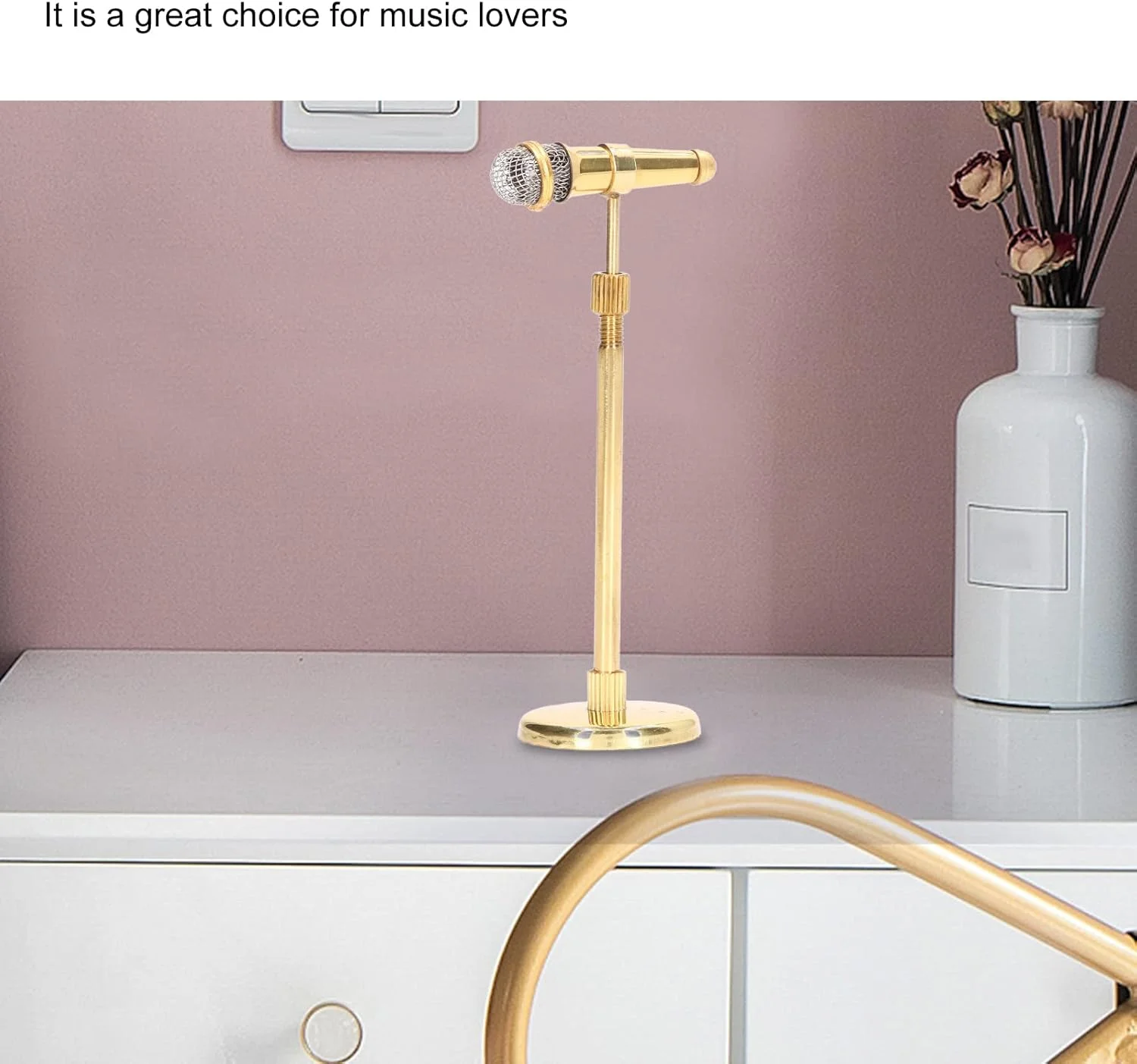 مدل میکروفون مینیاتوری، طراحی واقعی، ساز موسیقی سایز مینی برای دکوراسیون منزل، میکروفون مینی قابل تنظیم با جعبه نگهداری، دکوراسیون میکروفون (طلایی)