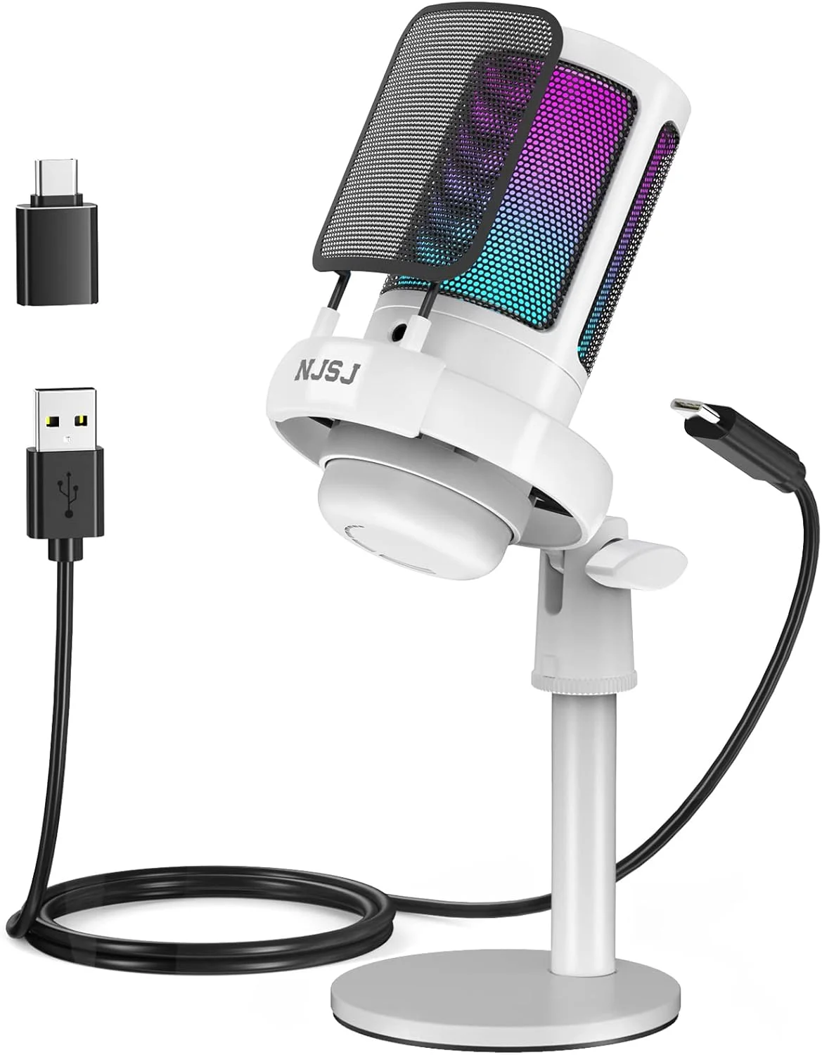 میکروفون USB ان‌جی‌اس‌جی برای کامپیوتر، میکروفون گیمینگ برای PS4/ PS5/ مک/تلفن، میکروفون کاندنسر با قطع صدای لمسی، نورپردازی RGB، دکمه کنترل صدا و جک مانیتورینگ برای استریم و پادکست (همراه با پایه رومیزی، سفید)