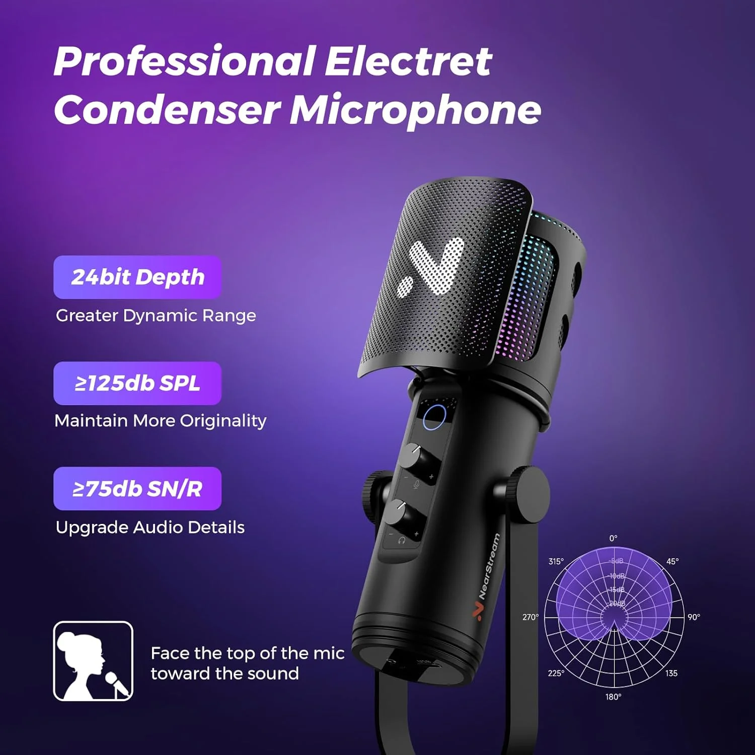 میکروفون USB NearStream AM30U برای کامپیوتر، میکروفون گیمینگ با حذف نویز/نورهای RGB/بی صدا کردن/کنترل گین/مانیتور/پاپ فیلتر، میکروفون کاندنسر حرفه ای با بازوی بوم برای استریم/پادکست/کامپیوتر/مک/PS4/PS5