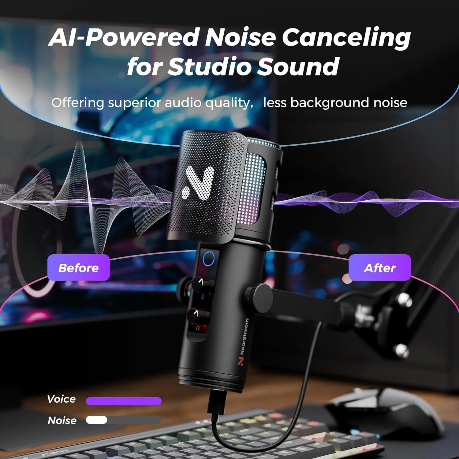 میکروفون USB NearStream AM30U برای کامپیوتر، میکروفون گیمینگ با حذف نویز/نورهای RGB/بی صدا کردن/کنترل گین/مانیتور/پاپ فیلتر، میکروفون کاندنسر حرفه ای با بازوی بوم برای استریم/پادکست/کامپیوتر/مک/PS4/PS5