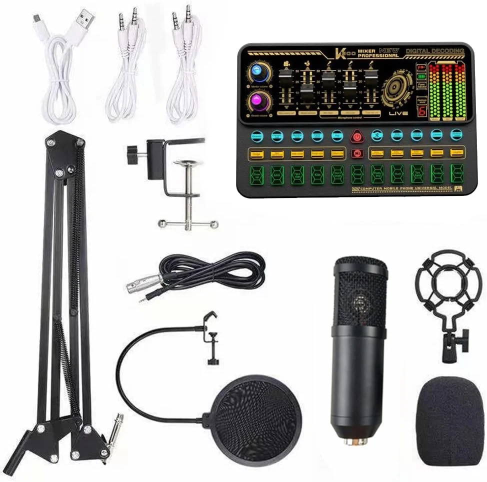کیت کارت صدای چند منظوره SK500 و میکروفون معلق BM800، مجموعه میکروفون کاندنسر پخش زنده، دستگاه تغییر صدای هوشمند و میکسر برای کامپیوتر و موبایل