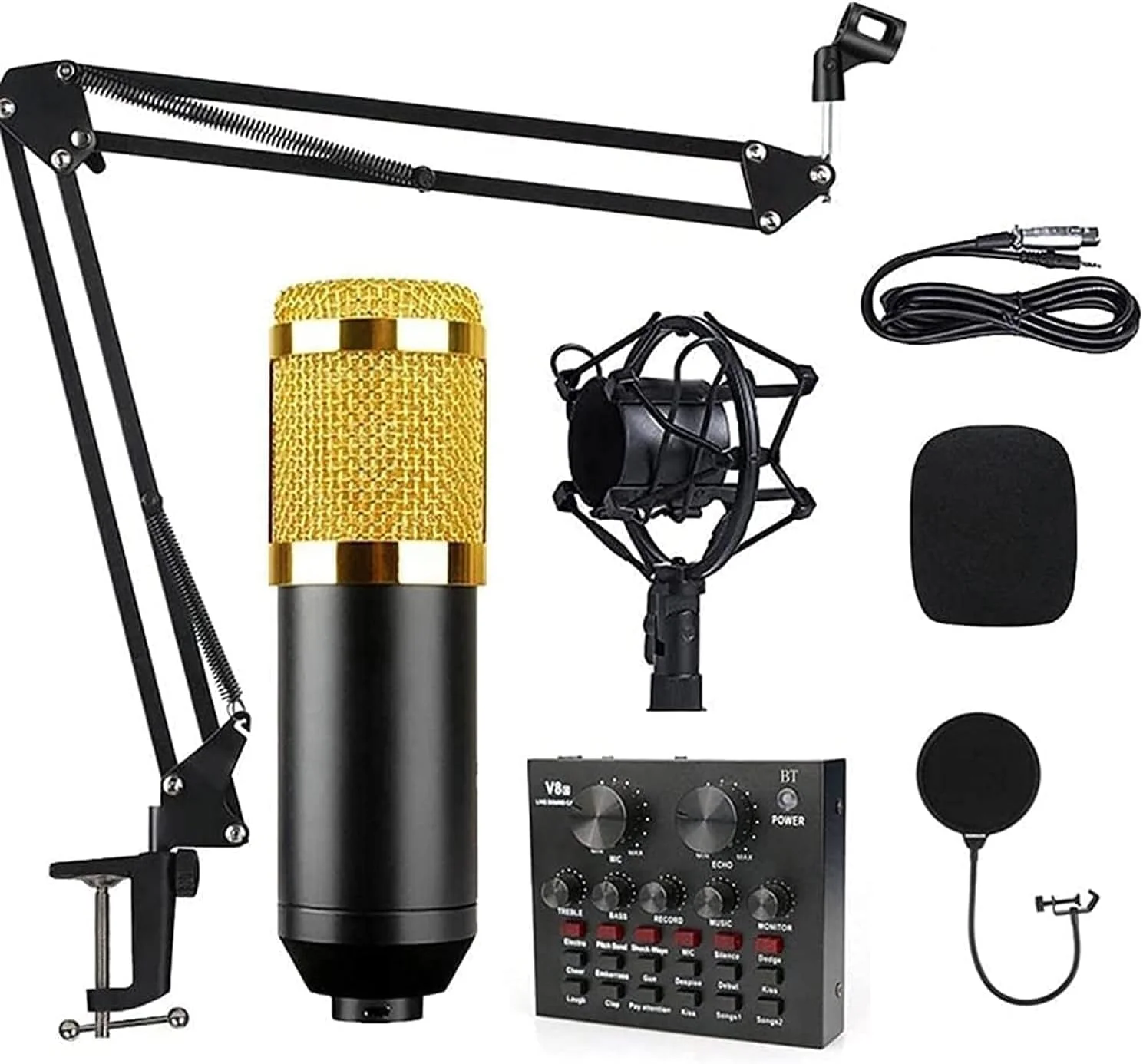 کیت میکروفون کاندنسر حرفه ای MUNTAQI BM800 – ست میکروفون ضبط استودیویی به همراه پایه بازویی قابل تنظیم، لرزه گیر، پاپ فیلتر، کارت صدا برای کامپیوتر و لپ تاپ