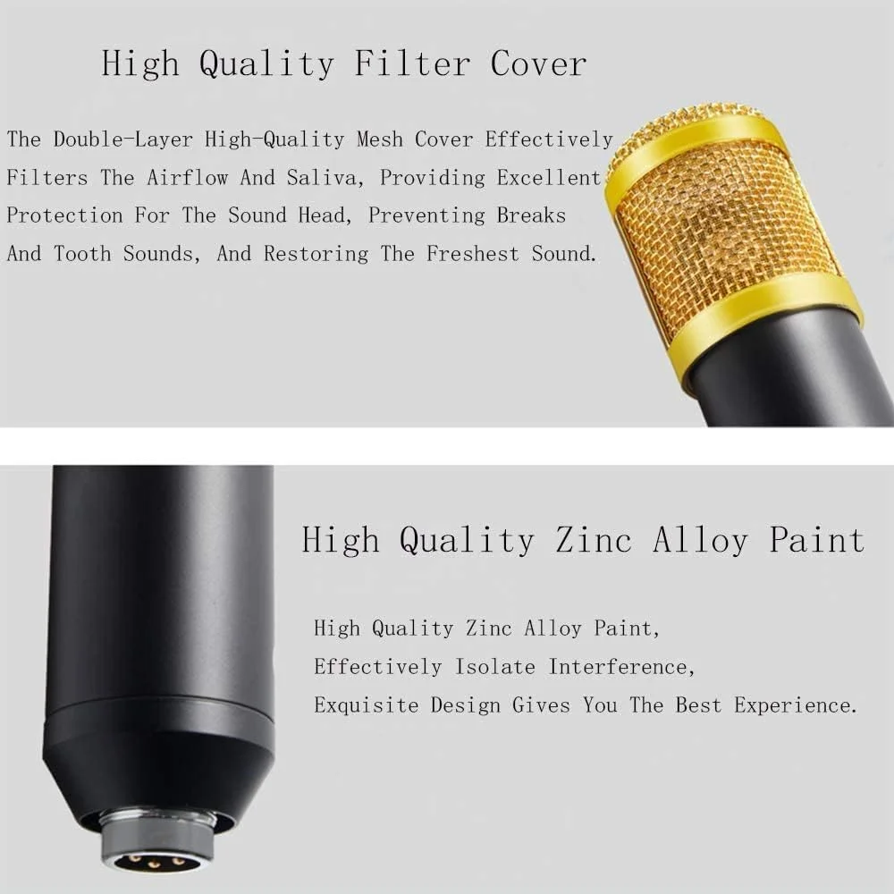 کیت میکروفون کاندنسر حرفه ای MUNTAQI BM800 – ست میکروفون ضبط استودیویی به همراه پایه بازویی قابل تنظیم، لرزه گیر، پاپ فیلتر، کارت صدا برای کامپیوتر و لپ تاپ