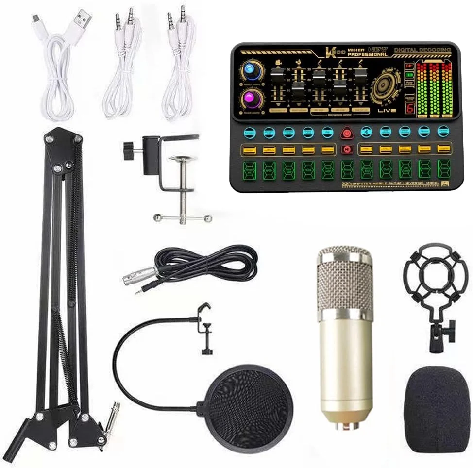کیت کارت صدای چند منظوره SK500 و میکروفون معلق BM800، مجموعه میکروفون کندانسور ضبط صدا، دستگاه تغییر صدای هوشمند، میکسر صوتی برای کامپیوتر و موبایل