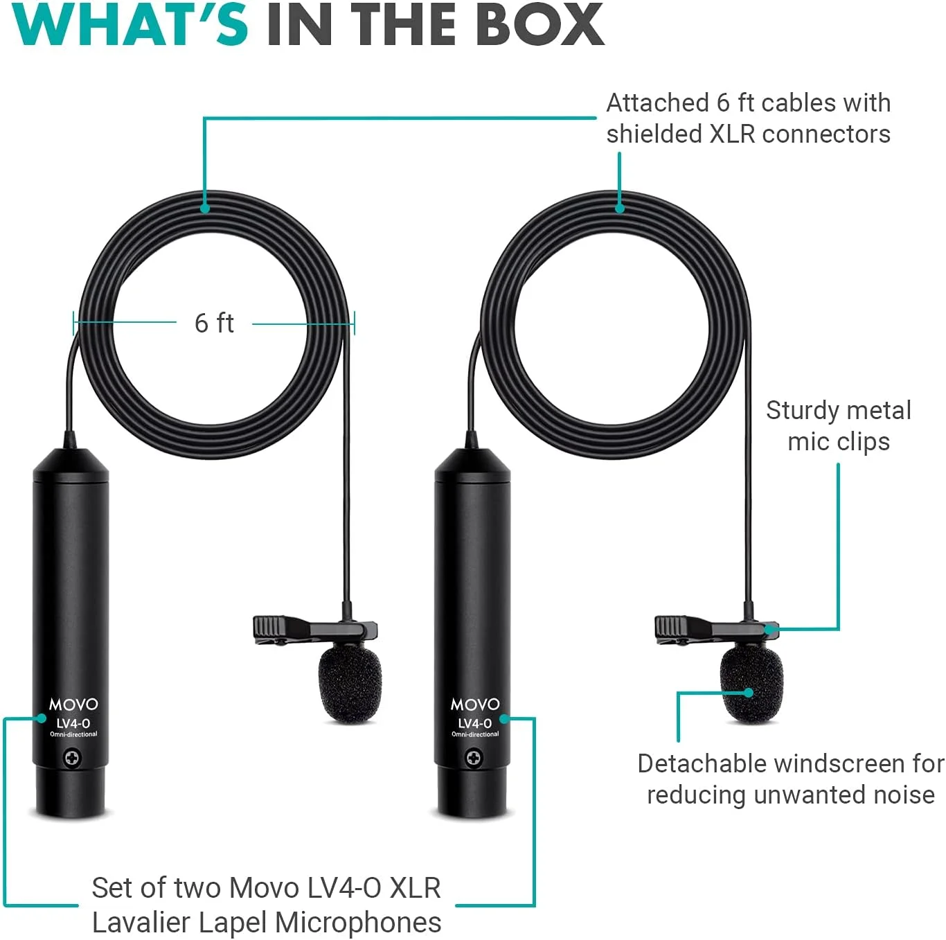 میکروفون یقه‌ای اومنی‌دایرکشنال Movo LV4-O2 XLR با فانتوم پاور، به همراه گیره‌های یقه‌ای و بادگیر (بسته 2 عددی)